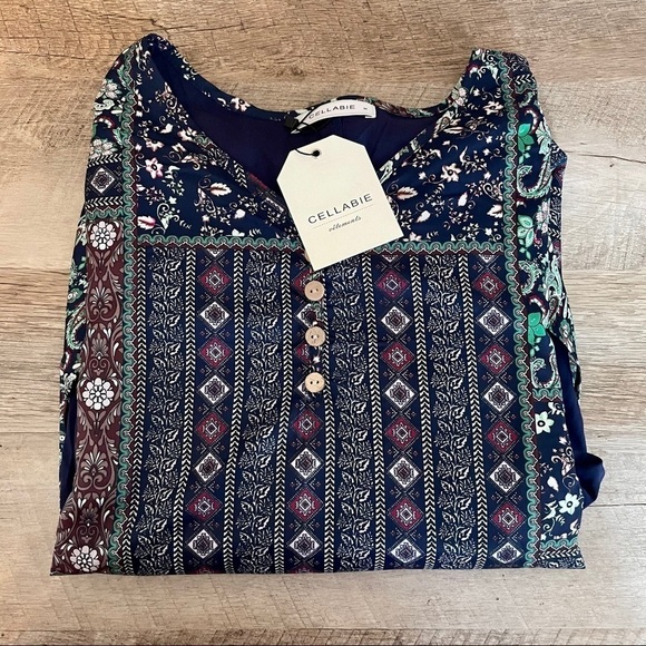 Cellabie Floral Boho Artsy Navy Linen Layered Lagenlook Shift Dress NWT Size M - Picture 7 of 15